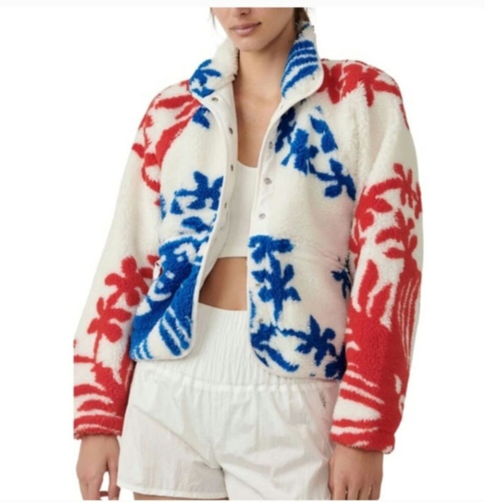 Free People Red White and Blue Floral Sherpa Jacket - Picture 2 of 16